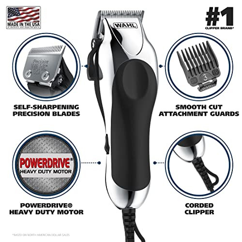 Wahl Usa Chrome Pro Corded Clipper Complete Haircutting Kit For Men Powerful Total Hair Clipping Beard Trimming & Grooming - Model 3024635