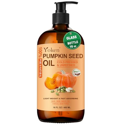 Yoken Pumpkin Seed Oil For Hair & Scalp Care Glass Bottle Unrefined Cold-Pressed & Hexane- Nourishes Hair 100% Pure & Natural Pumpkin Oil For Skin & Body Massage With Pump 16 Fl Oz