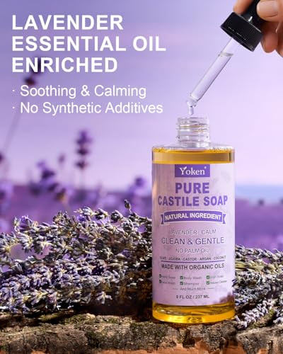 Yoken Pure Castile Soap Liquid Lavender 8 Oz Made With Organic Oils Gentle Lavender Soap For Hands & Body Wash Face Dishes Laundry & More - Vegan & Natural Ingredients Cleanser