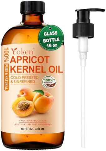 Yoken Cold Pressed Apricot Kernel Oil 16 Fl Oz Glass Bottle - Single Ingredient 100% Pure And Natural Apricot Oil Lightweight Carrier & Massage Oil For Skin & Hair Unscented & Hexane