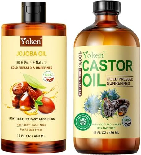 Yoken Organic Castor Oil & Jojoba Oil Set: 16Oz Each 100% Pure & Natural Ewg Verified Cold Pressed - Best Carrier Hydrating & Nourishing Facial & Hair Oil