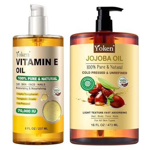 Yoken Vitamin E Oil 8 Fl Oz And Jojoba Oil 16 Fl Oz Set: Cold Pressed Virgin Organic Oil For Face Hair Body After Bath - 100% Natural Moisturizing Skin Oil Smooth Scars Dry Skin
