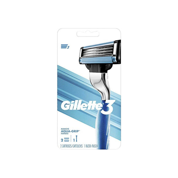 Gillette 3 Aqua-grip Handle 2 Cartridges Blue Men's Razor, 1 ea