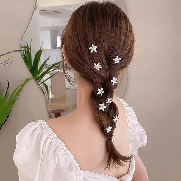 ADORNISH 10Pcs Mini White Rhinestone Flower Hair Clips Decorative Wedding Bridal Hair Barrettes and Pins for Girls Women (WHITE)