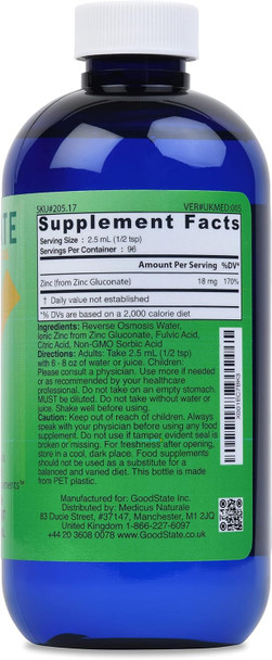 Good State | Liquid Ionic Zinc | Dietary Supplement | Great for Immune System | 96 Servings At 18 Mg | 8 Fl oz