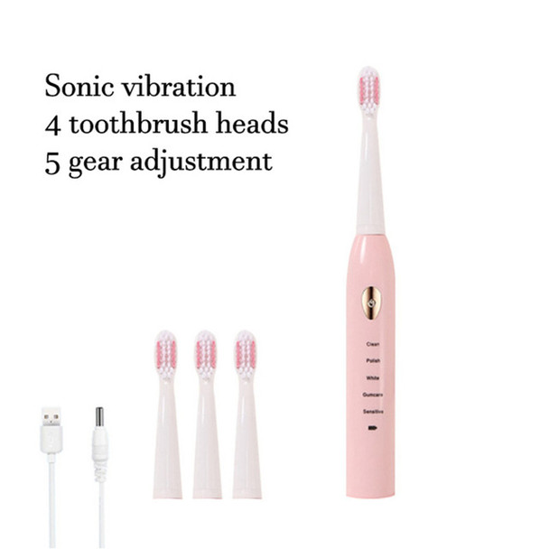 Toothink Electric Toothbrush 5-gear Mode USB Charging 4 colors IPX7 Waterproof Ultrasonic Rechargeable Soft Hair Toothbrush Adult Classic = Pink 4head
