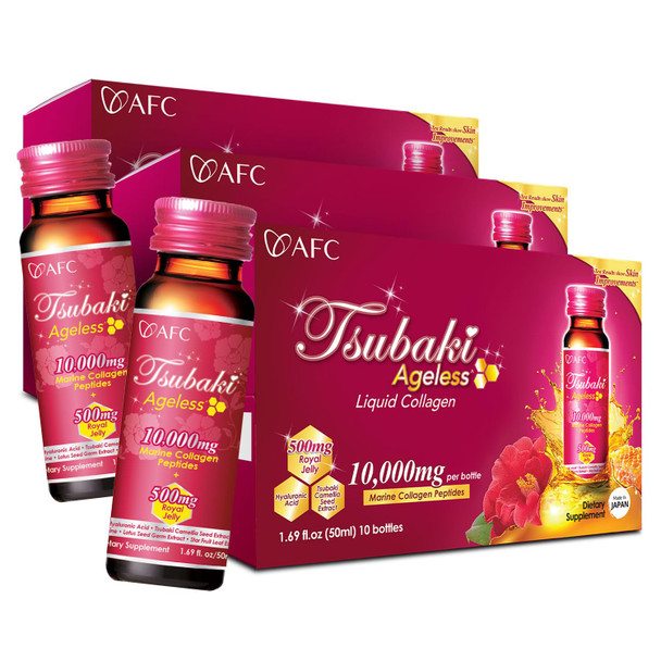 Afc Japan Tsubaki Ageless Liquid Collagen Drink For Women 10000Mg Marine Collagen Peptides 500Mg Royal Jelly Hyaluronic Acid Supports Skin Hydration & Elasticity 1.69 Fl.Oz X 10 Bottles (3Pack)