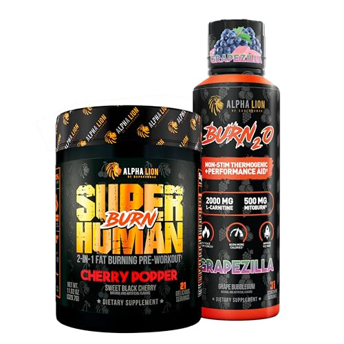 Alpha Lion Stubborn Fat Loss Stack Superhuman Burn Pre Workout Burn2O Liquid L-Carnitine 2000Mg (Grapezilla) Non-Stim Thermogenic Day & Night Metabolism Booster & Energy Stack For Men And Women