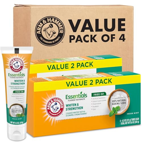 Arm & Hammer Essentials Whiten & Strengthen Fluoride Toothpaste-4 Pack Of 4.3Oz Tubes Fresh Mint- 100 Natural Baking Soda- Fluoride Toothpaste