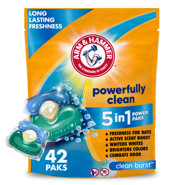 Arm & Hammer Clean Burst 5-In-1 Laundry Detergent Power Paks High Efficieny (He) 42 Count