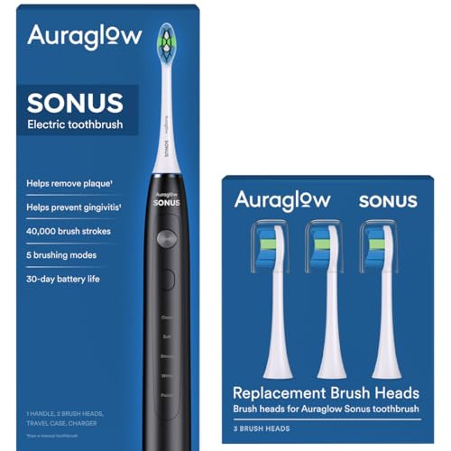 Auraglow Sonus Electric Toothbrush & 3-Pack Replacement Brush Heads