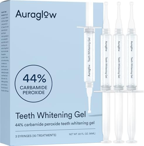 Auraglow 44 Teeth Whitening Gel For Trays Retainers & Aligners Dentist Strength Carbamide Peroxide Whitener 30 Treatments 3 Syringes (5Ml)