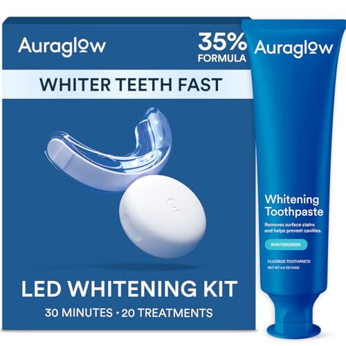 Auraglow Teeth Whitening Kit With Led Light & Whitening Toothpaste 35 Carbamide Peroxide Gel 20 Treatments Whiten Up To 10 Shades
