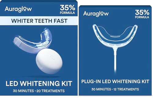 Auraglow Teeth Whitening Kit Bundle Rechargeable & Wired Led Accelerator Lights 35 Carbamide Peroxide Teeth Whitening Gel 32 Treatments Whiten Up To 10 Shades