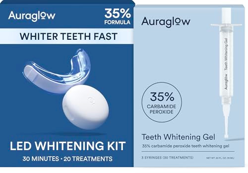 Auraglow Teeth Whitening Kit With Led Light & 35 Carbamide Peroxide Teeth Whitening Gel Refill Pack 50 Whitening Treatments Whiten Up To 10 Shades