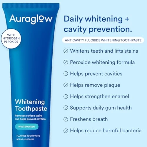 Auraglow Whitening Toothpaste Hydrogen Peroxide Toothpaste With Fluoride Whitens Teeth Prevents Cavities Strengthens Enamel For Adults Kids Oral Care Wintergreen Flavor 4 Oz (1 Pack)