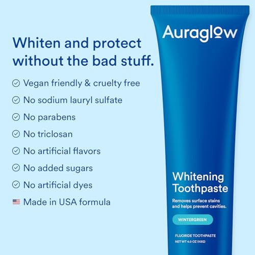 Auraglow Whitening Toothpaste Hydrogen Peroxide Toothpaste With Fluoride Whitens Teeth Prevents Cavities Strengthens Enamel For Adults Kids Oral Care Wintergreen Flavor 4 Oz (1 Pack)