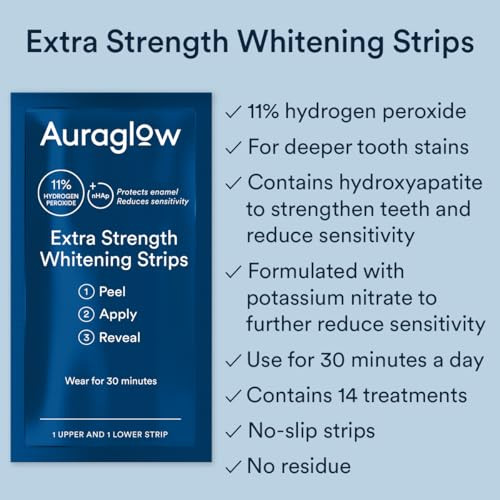 Auraglow Extra Strength Teeth Whitening Strips Strong Whitening Strips 14 Whitening Treatments 11 Hydrogen Peroxide With Nano Hydroxyapatite To Reduce Sensitivity & Protect Enamel 28 Strips Mint