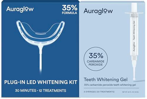 Auraglow Wired Led Teeth Whitening Kit & 35 Carbamide Peroxide Teeth Whitening Gel Refill Pack 42 Whitening Treatments Whiten Up To 10 Shades