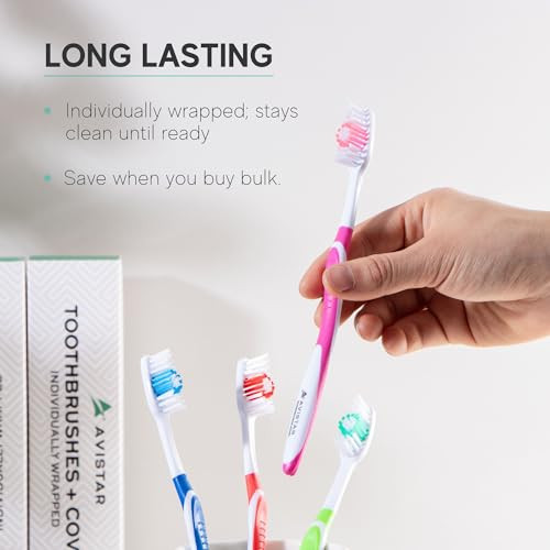 Avistar Dental Hygiene Essentials Pack - 104 Medium-Soft Bulk Toothbrushes With Cover Caps & 450 Travel Floss Picks - 4 Colors - Individually Wrapped Convenient Oral Hygiene Kit