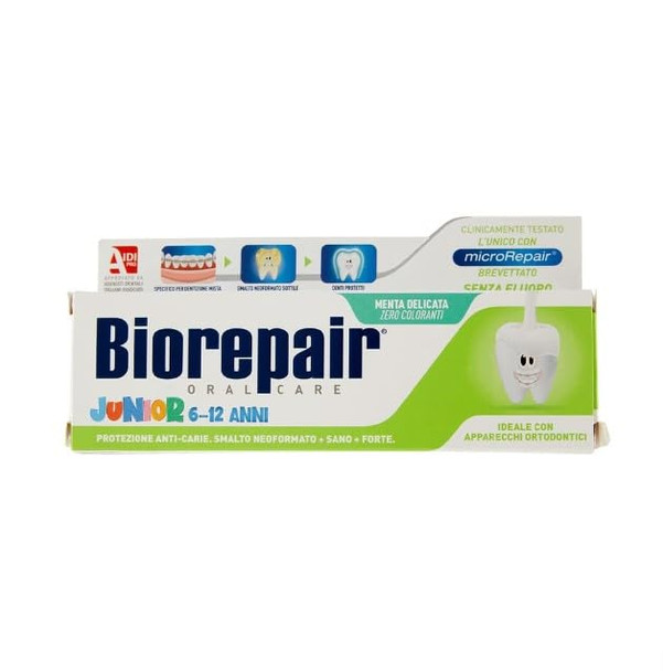 Biorepair Oral Care Junior 7-14 Years Toothpaste Fluoride Free With Mint Extract - 2.53 Fluid Ounces (75Ml) Tubes (Pack Of 6) Italian Import