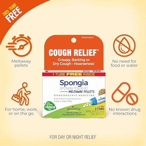 Boiron Spongia Tosta 6C Homeopathic Medicine For Dry Cough Croupy Barking Or Hoarseness - 3 Count (240 Pellets)