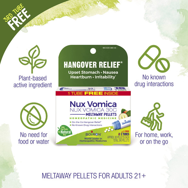 Boiron Nux Vomica 30C Homeopathic Medicine For Hangover Relief Upset Stomach Nausea And Overindulgence Of Food Or Drink - 3 Count (240 Pellets)