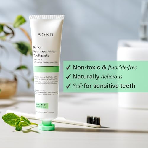 Boka Fluoride Free Toothpaste - Nano Hydroxyapatite - Ela Mint 4Oz Classic Manual Toothbrush Mint And Tongue Scraper For Adults & Kids With Case