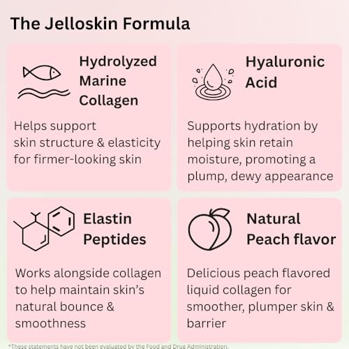 Byava Jelloskin Skin Barrier Collagen Booster- Liquid Marine Collagen Hyaluronic Acid Elastin Peptides Supplements - Hair Skin And Nails Hydrolyzed Fish Collagen For Women Peach Flavor