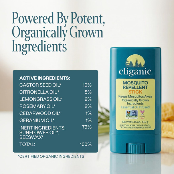 Cliganic Mosquito Repellent Stick For Adults & Kids - 5 Hours Of Natural Deet-Free Protection Non-Gmo Verified With Organically Grown Ingredients & Essential Oils Easy To Use Travel Stick
