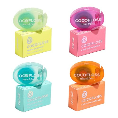 Cocolab Cocofloss Woven Dental Floss Travel Sampler Dentist-Designed Oral Care With Coconut Oil Waxed Vegan Kid-Friendly 4-Pack Minis Mint Coconut Orange Strawberry (8 Yd Each)