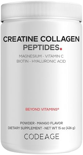 Codeage Creatine Collagen Peptides - Creatine Monohydrate Powder Supplement Wild-Caught Marine Collagen Biotin Magnesium Vitamin C Hyaluronic Acid - Mango Flavored - Non-Gmo 15 Oz