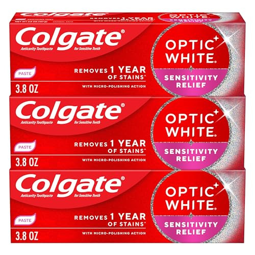 Colgate Optic White Sensitivity Relief Teeth Whitening Toothpaste 3 Pack Anticavity Toothpaste For Sensitive Teeth Fluoride Enamel Safe Soothing Mint Flavor 3.8 Oz
