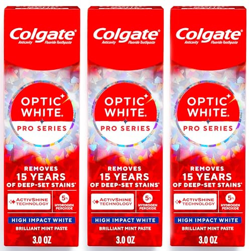 Colgate Optic White Pro Series High Impact White 3 Pack Teeth Whitening Toothpaste With 5 Hydrogen Peroxide And Activshine Brilliant Mint Flavor 3.0 Oz