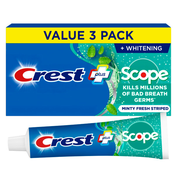 Crest Scope Whitening Toothpaste - Pack Of 3 5.4 Oz Tubes - Anticavity Fluoride Toothpaste Fresh Breath Kills Germs - Tartar Protection Enamel Protection - Minty Fresh Flavor
