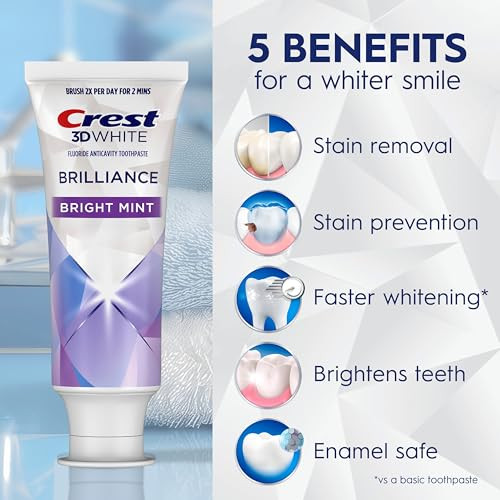 Crest 3D White Brilliance Bright Mint Teeth Whitening Toothpaste 4.3 Oz Pack Of 3 100 More Surface Stain Removal 24 Hour Active Stain Prevention Whiter Teeth In 3 Days