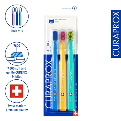 Curaprox Cs Smart Toothbrush Compact Brush Head For Children And Adults Ultra-Gentle Cleaning 3-Pack Mixed Colours