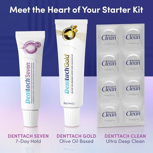 Denttach Denture Starter Kit 9 Piece Kit Includes Denttach Seven Thermoplastic Denture Adhesive Gold Denture Adhesive Clean Tablets Case Brush Scissors Tweezers Microfiber Towel & Travel Case