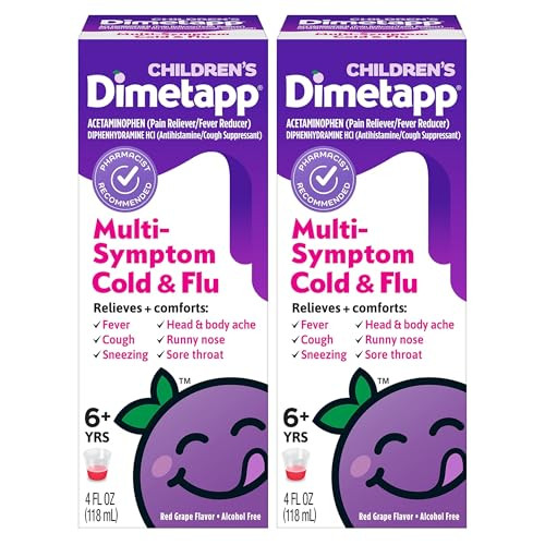 Children S Dimetapp Multi-Symptom Cold & Flu Medicine Antihistamine Cough Suppressant Relieves Fever Cough Sneezing Head & Body Ache Sore Throat Grape Flavor Alcohol-Free 4 Fl Oz (Pack Of 2)
