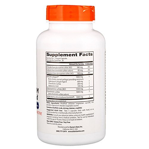 Doctor'S Best Glucosamine Chondroitin Msm Hyaluronic Acid With Optimsm Featuring Biocell Collagen Joint Support Non-Gmo Gluten & Soy Free 150 Caps