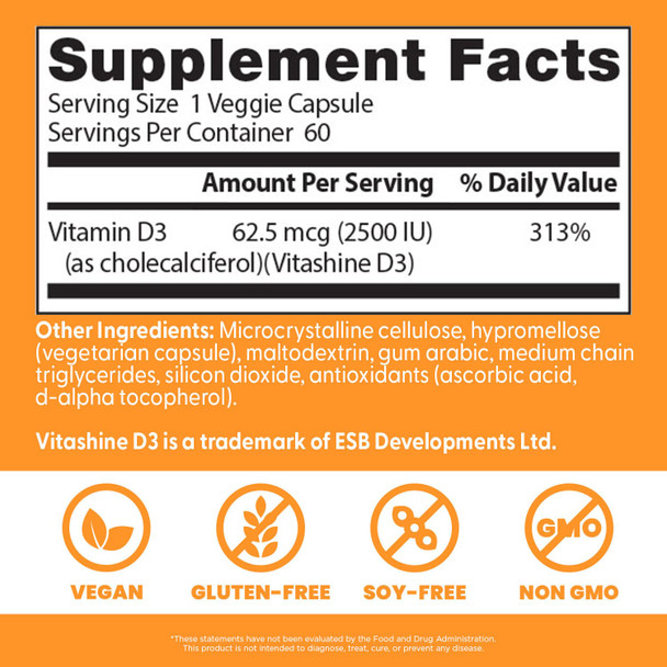 Doctor'S Best Doctors Best Vegan Vitamin D3 2500 Iu Veg Caps - Vegan Vitamin D Supplement For Men & Women Helps Support Calcium Absorption Heart Health & Immune Support 62.5 Mcg Per Serving 60 Veggie Capsules
