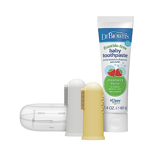 Dr. Brown'S 100 Silicone Baby Finger Toothbrush And Toothpaste Set 2-Pack Toothbrush With Storage Case Fluoride-Free Strawberry Toddler Toothpaste Gray & Yellow