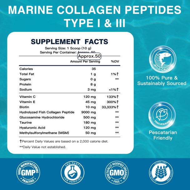 Drfoster Marine Collagen Peptides Powder With Msm Gc Multi Type I & Iii Collagen With Hyaluronic Acid Vitamin C & E For Skin Hair & Nails Wild-Caught Fish 50 Servings