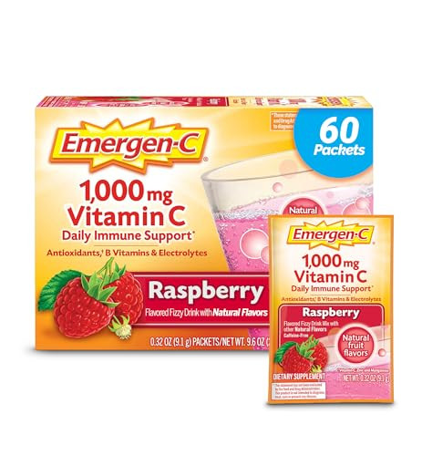 Emergen-C 1000Mg Vitamin C Powder With Antioxidants B Vitamins And Electrolytes Vitamin C Supplements For Immune Support Caffeine Free Drink Mix Raspberry Flavor - 60 Count/2 Month Supply