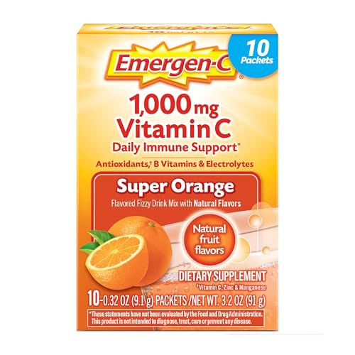 Emergen-C 1000Mg Vitamin C Powder For Daily Immune Support Caffeine Free Vitamin C Supplements With Zinc And Manganese B Vitamins And Electrolytes Super Orange Flavor 10 Count