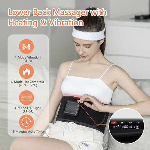 Emicool Lower Back Massager Belt With Four Modes Heating & Massage & Red Light Ergonomic Support Massage Belt With Timer Portable Cordless Heating Pad For Back Relieve Pain Battery-Powered