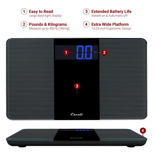 Escali Extra Wide Digital Bathroom Scale For Body Weight With Wide Platform For Natural Stance And Stability High Capacity Of 400 Lb Batteries Included