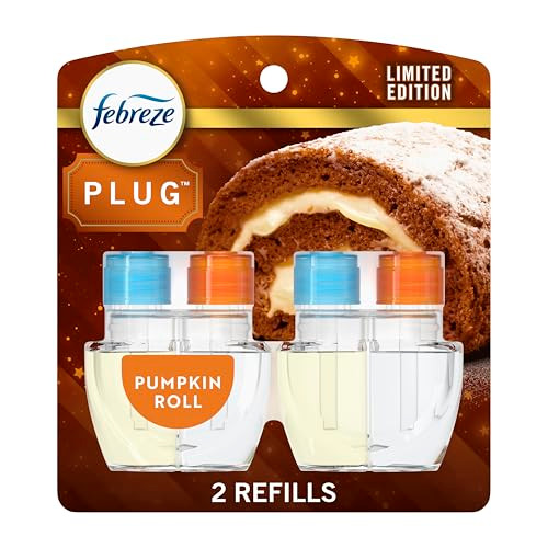 Febreze Plug In Air Freshener Odor-Fighting Scented Oil Refill Air Fresheners For Home And Bathroom And Kitchen Long Lasting For Strong Odors Pumpkin Roll Scent 0.87Oz Refills 2 Count