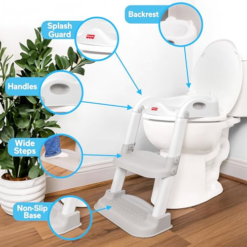 Fisher-Price Potty Training Seat With Step Stool Ladder 2-In-1 Potty Training Toilet For Toddlers With Splash Guard Anti-Slip Pads Cushioned Seat (Gray)