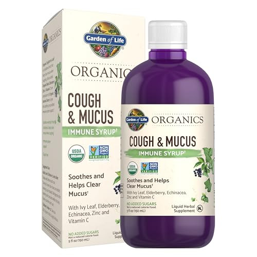 Garden Of Life Organics Elderberry Zinc Immune Support For Adults And Kids 12 And Older Organic Cough & Mucus Immune Syrup With Ivy Leaf Vitamin C And Echinacea No Added Sugars 5 Fl Oz